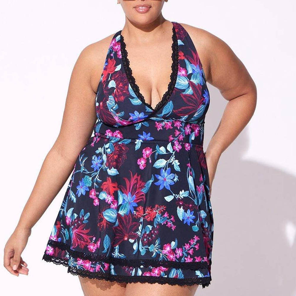 Torrid 4 (4X 26) Black Floral Busty V Mid Wireless Swimsuit Swim Dress w/Briefs